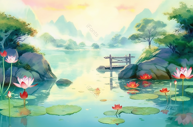中国复古彩色大山之中的莲池,插画/手绘图,插画/手绘图库,插画/手绘图下载,插画/手绘